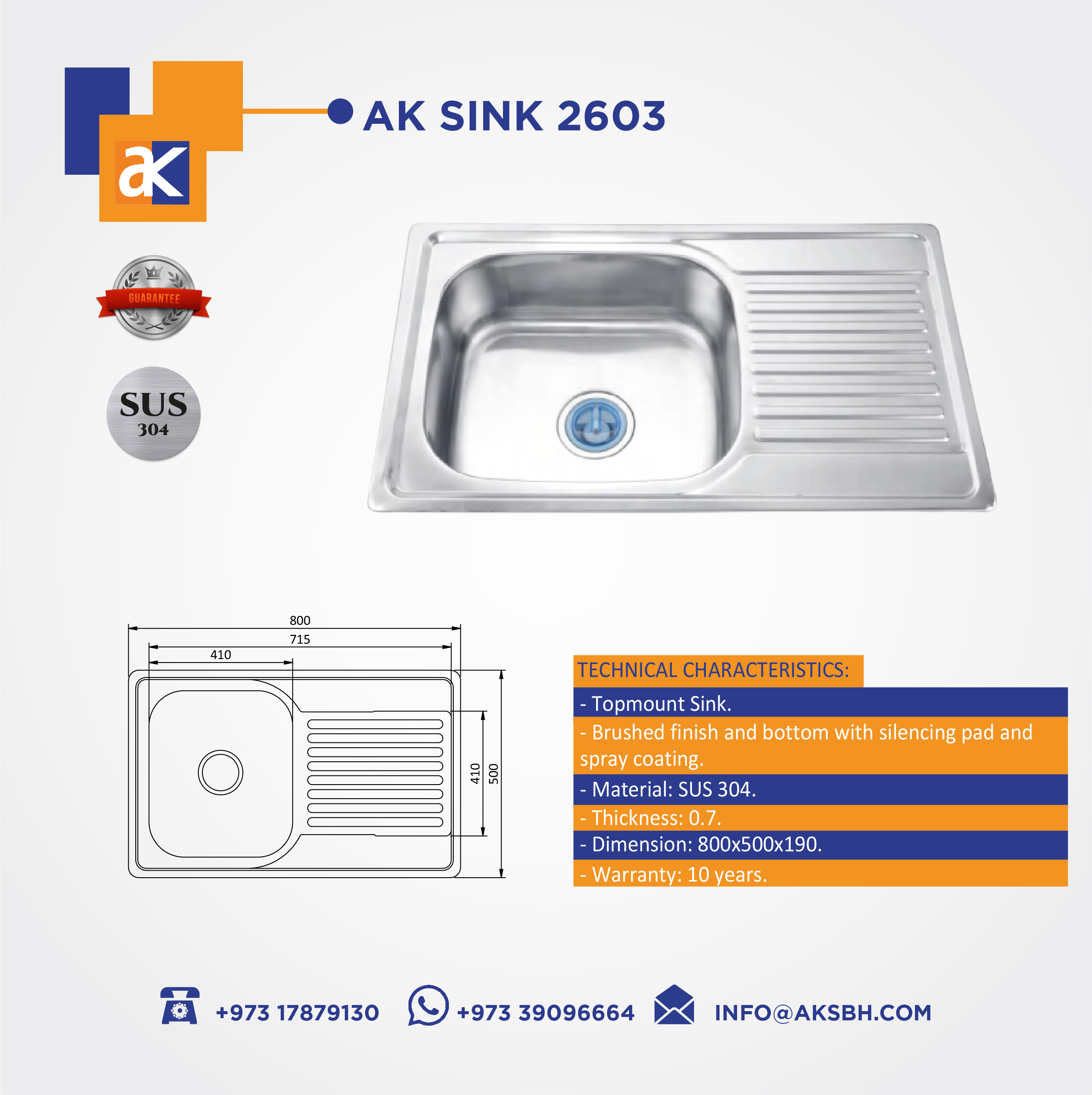 Buy Ak Sink 8050A Electroplated - SS304 Online | Construction Finishes | Qetaat.com
